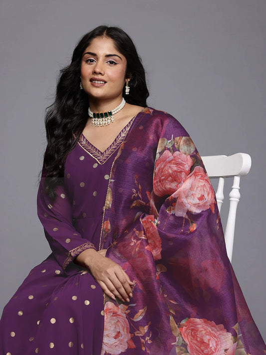 Plus Size Printed Empire Gotta Patti Kurta with Trousers & With Dupatta