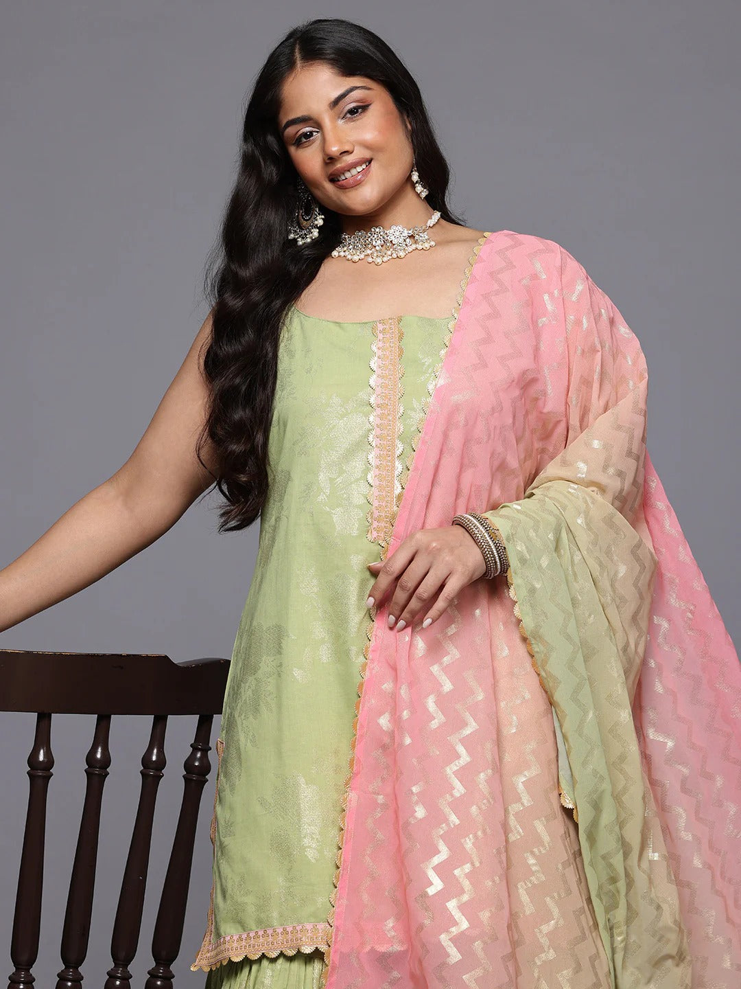 Plus Size Floral Printed Gotta Patti Pure Cotton Kurta & Sharara Set