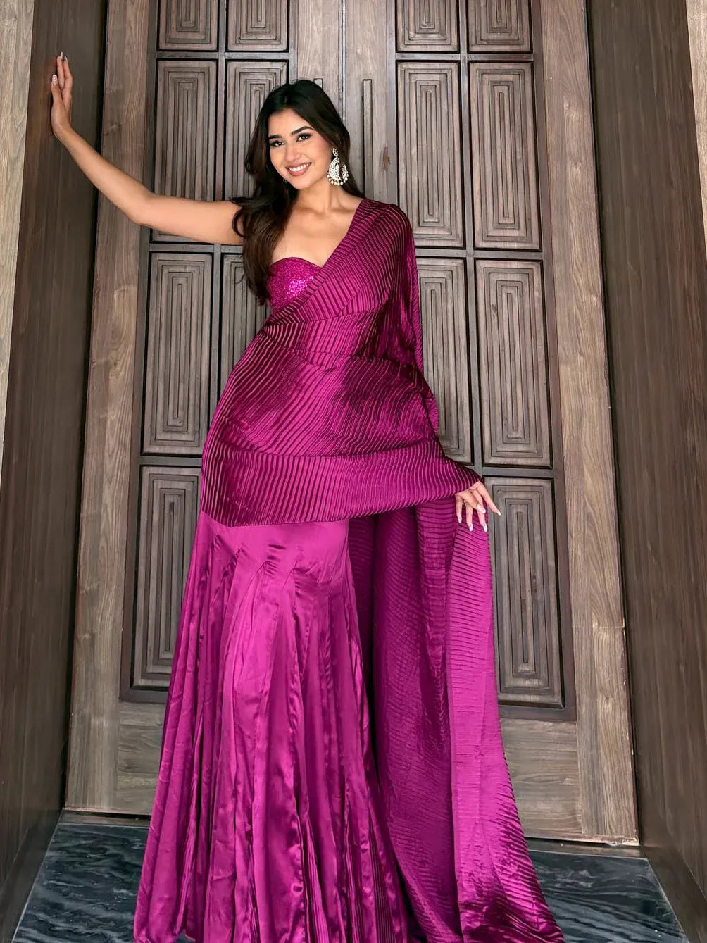 Magenta Pink Pleated Ready to Wear Saree
