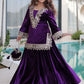 Teal blue and purple velvet mirror work sharara set for women, festive party wear, view 2