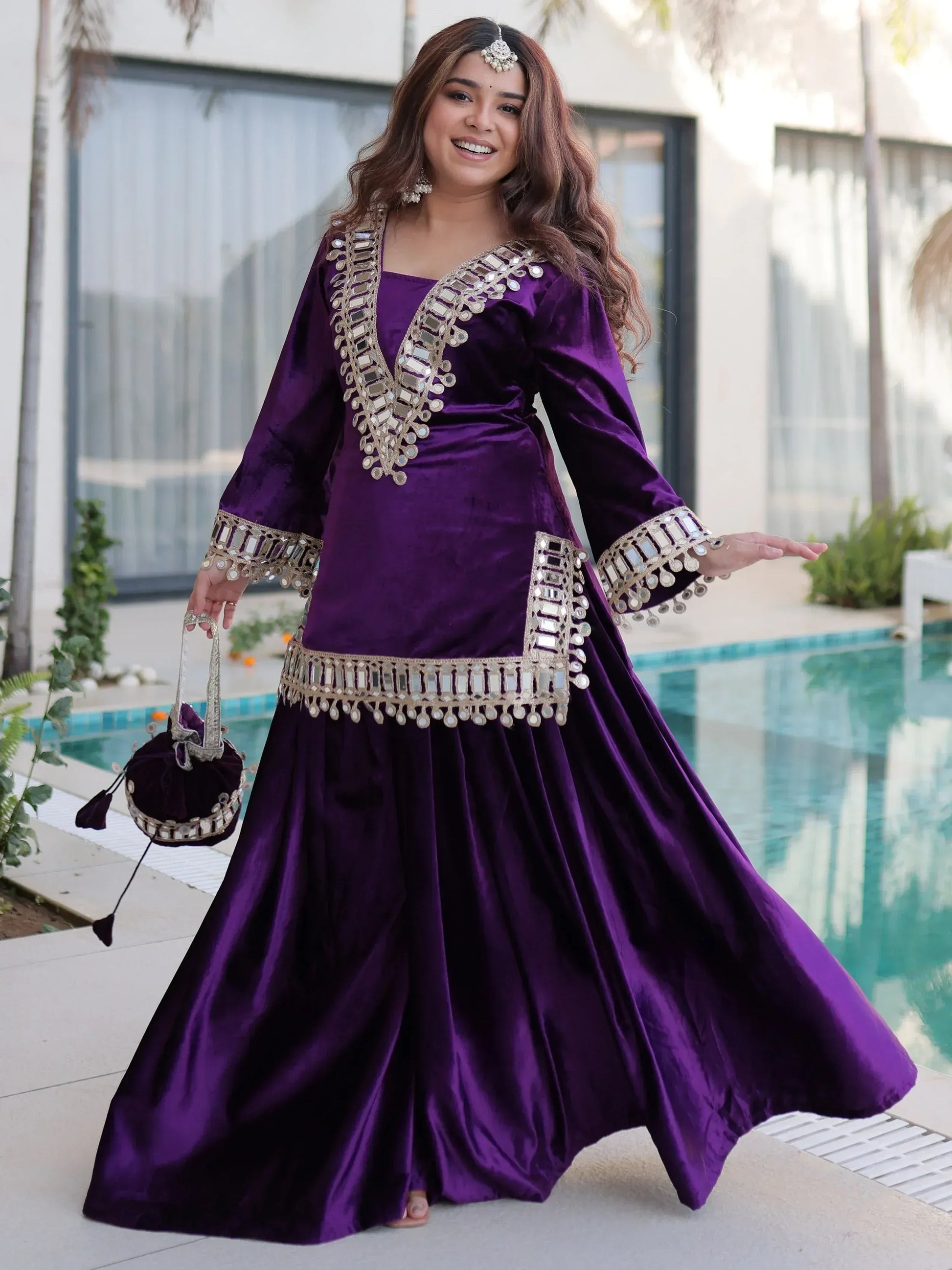 Teal blue and purple velvet mirror work sharara set for women, festive party wear, view 2