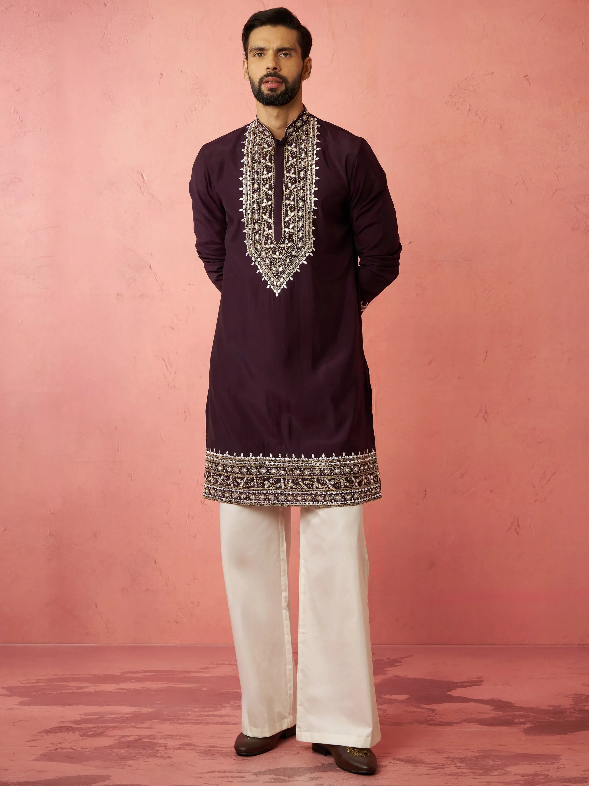 Men's chanderi kurta set with cream pant, view 5