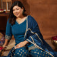 Women's Teal Blue Chanderi Silk Embellished Straight Kurta With Palazzo & Dupatta Set