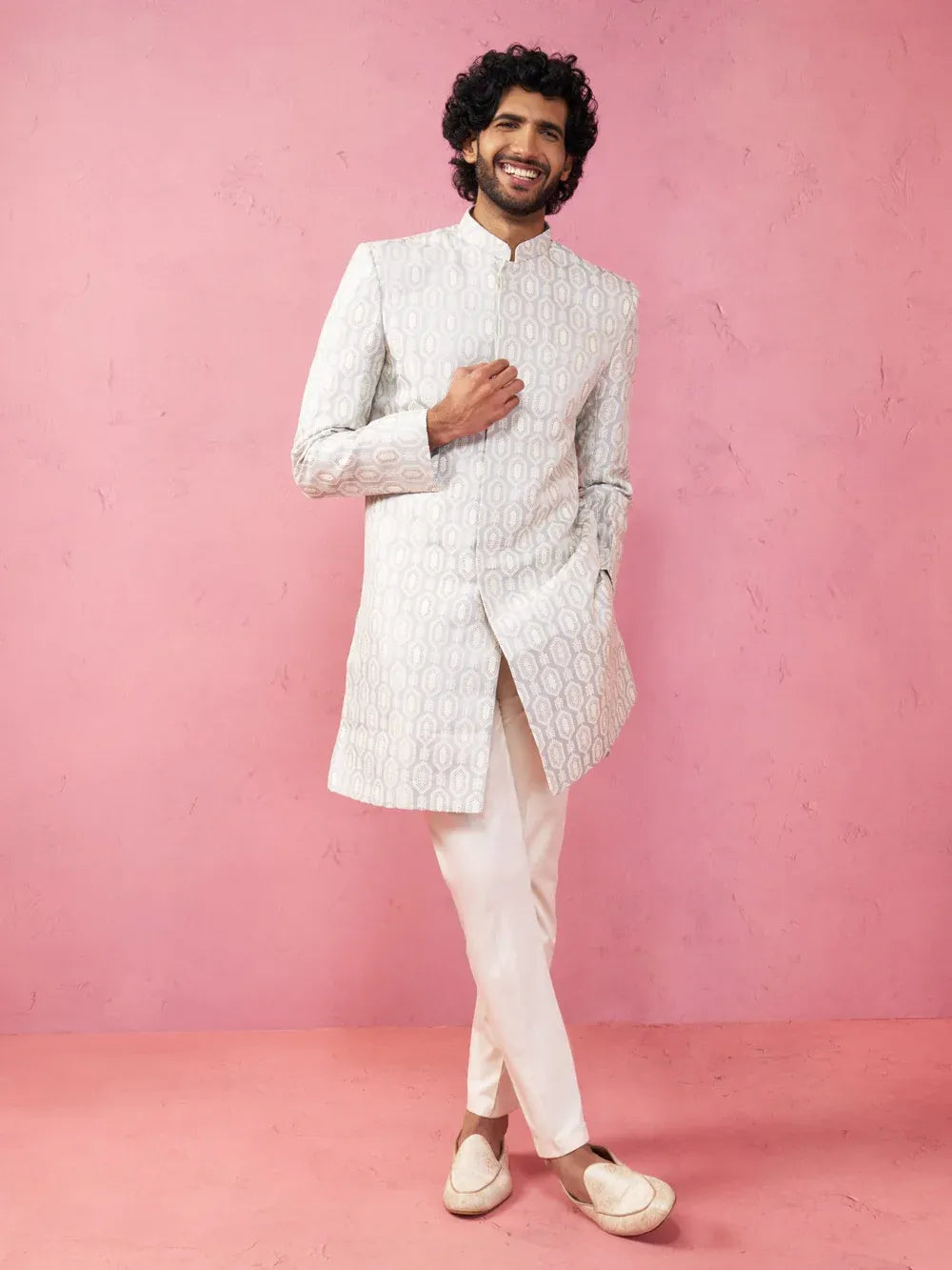 Men's Jacquard Indo-Western Kurta with Cream Trousers