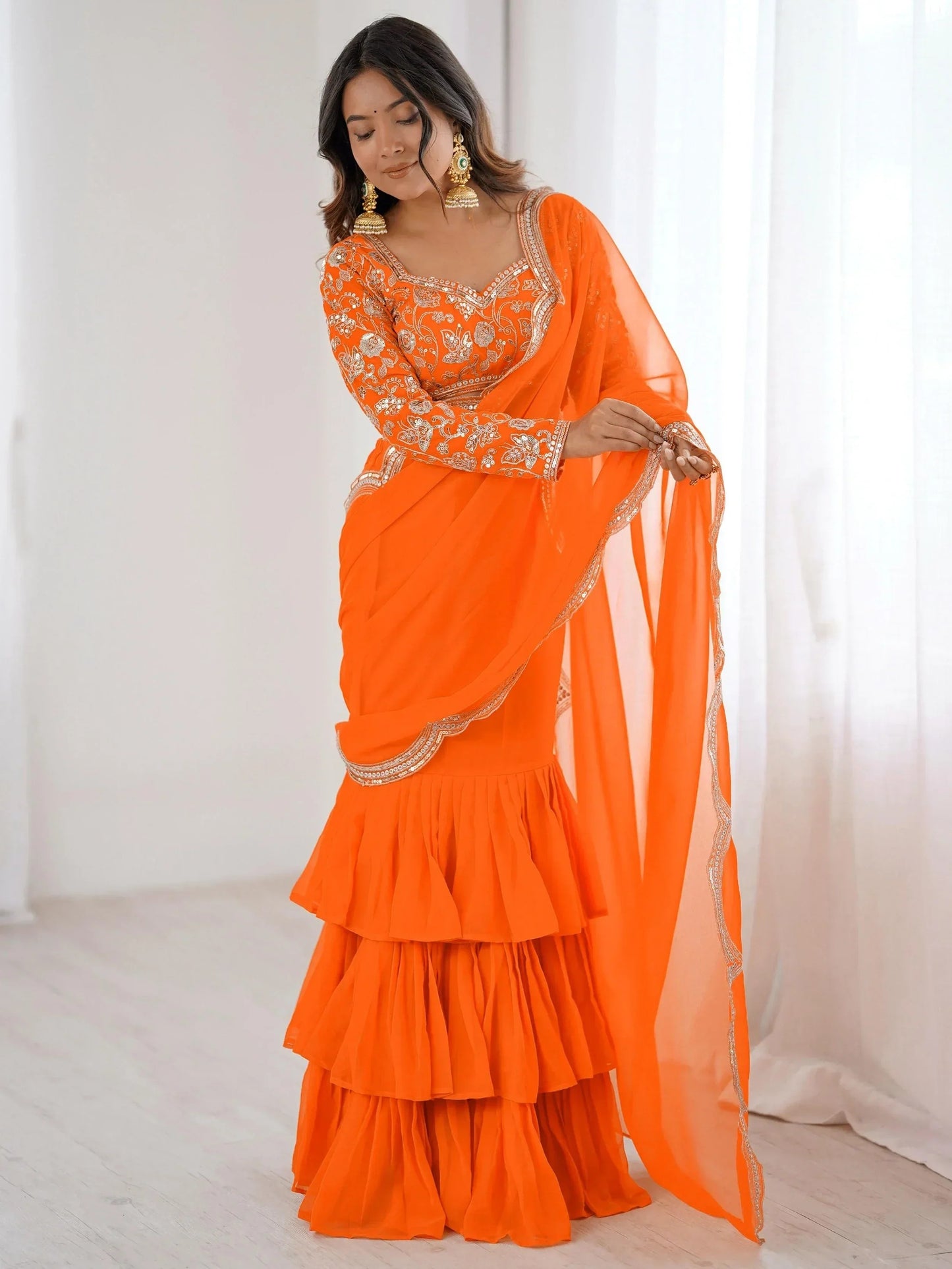 Orange Sequins Georgette Festival Wear Lehenga Saree