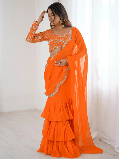 Orange Sequins Georgette Festival Wear Lehenga Saree