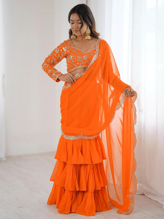 Orange Sequins Georgette Festival Wear Lehenga Saree
