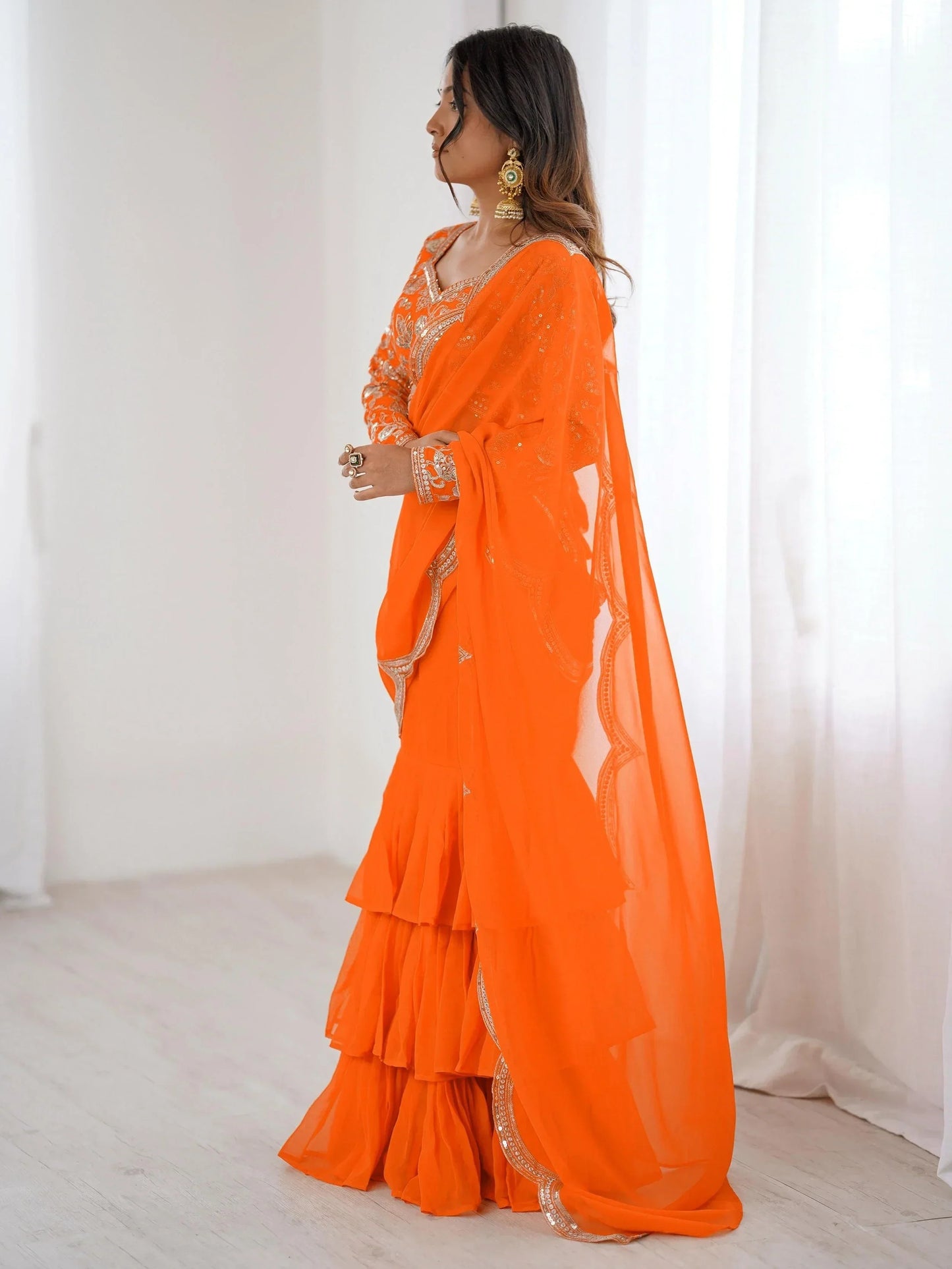 Orange Sequins Georgette Festival Wear Lehenga Saree