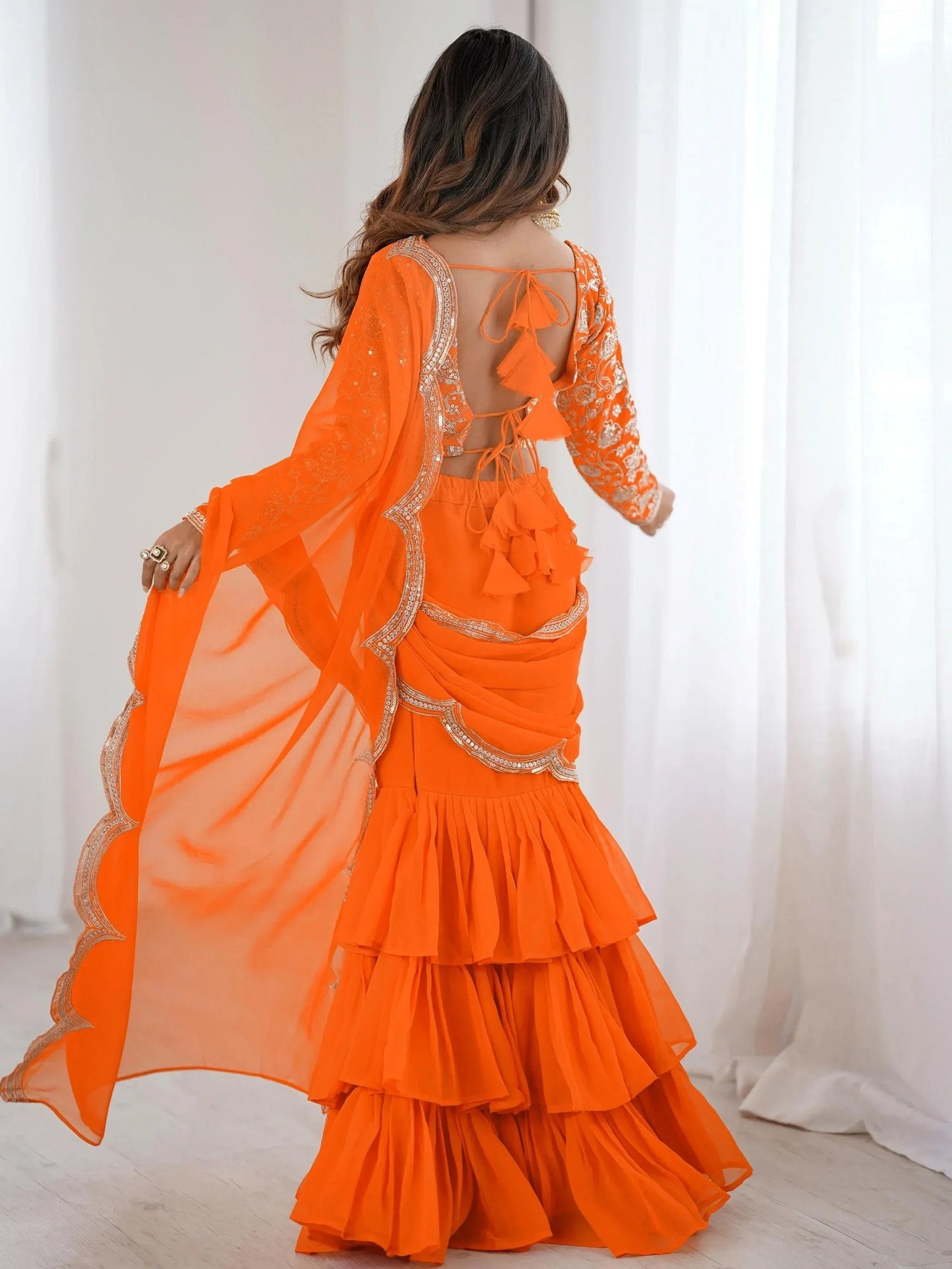 Orange Sequins Georgette Festival Wear Lehenga Saree