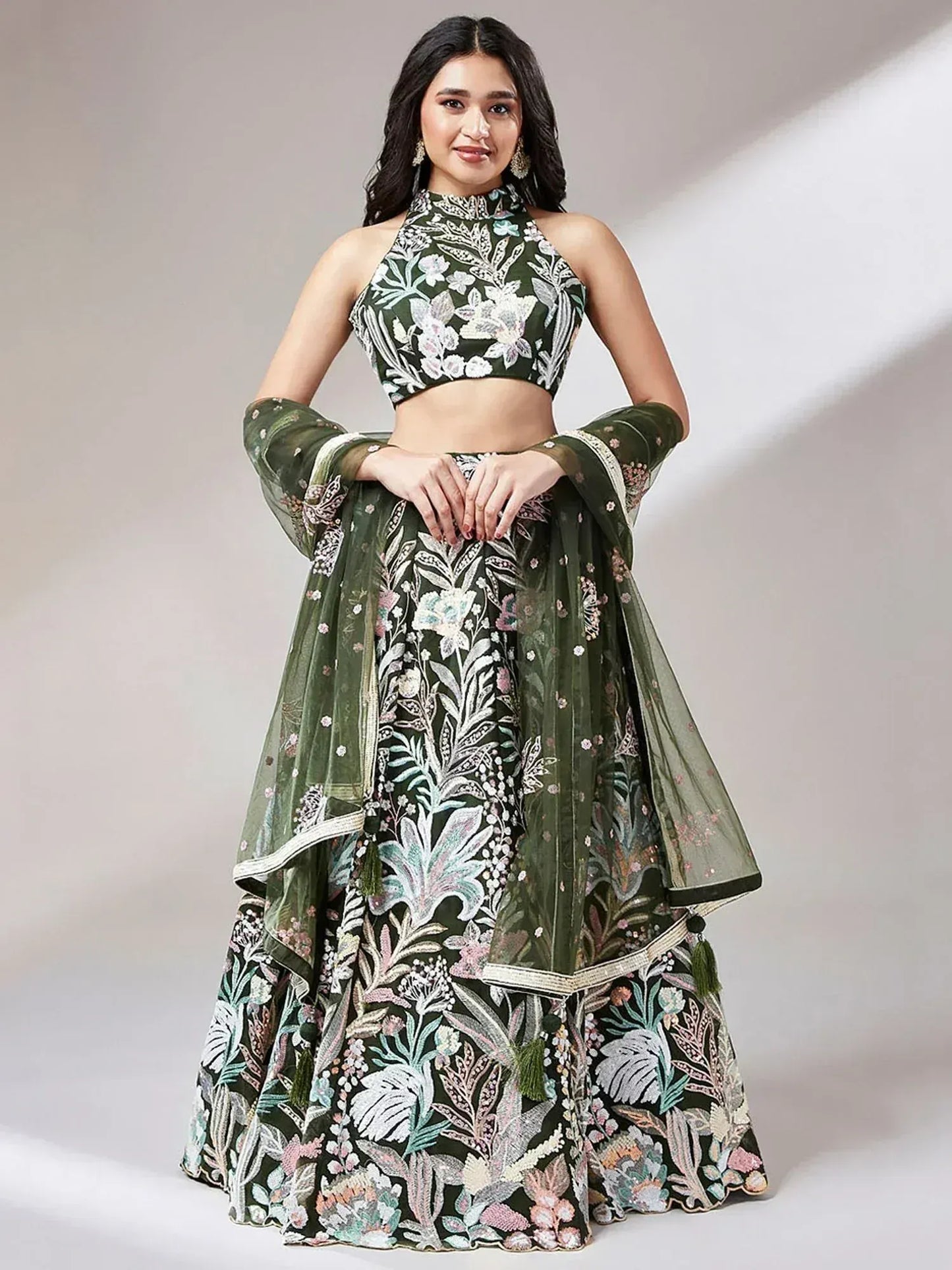 Wine/Olive Green Net Multi-Sequins Engagement Wear Lehenga Choli