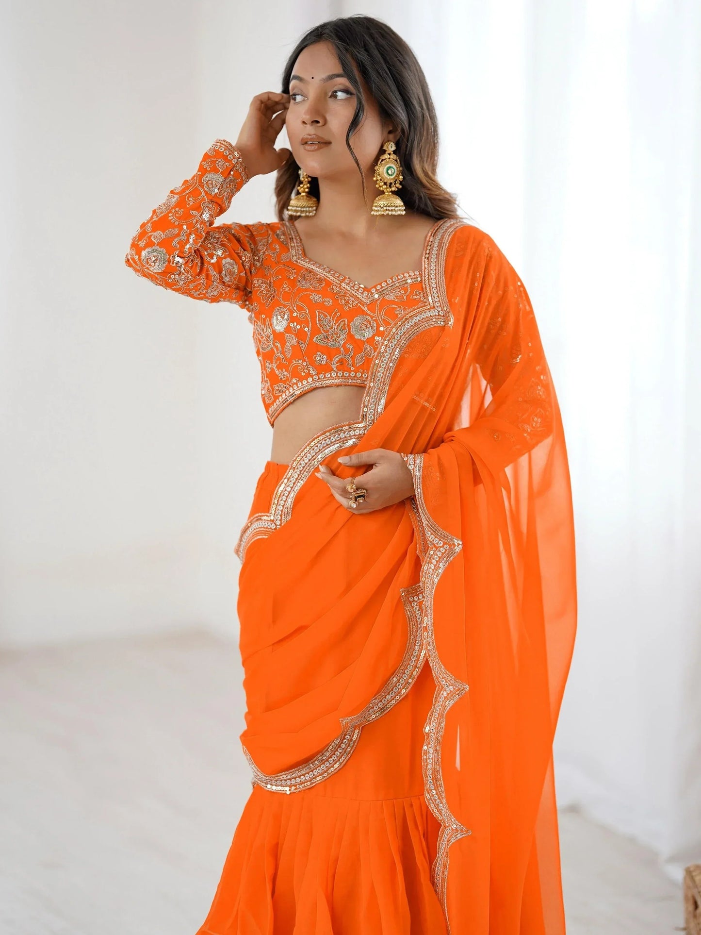 Orange Sequins Georgette Festival Wear Lehenga Saree