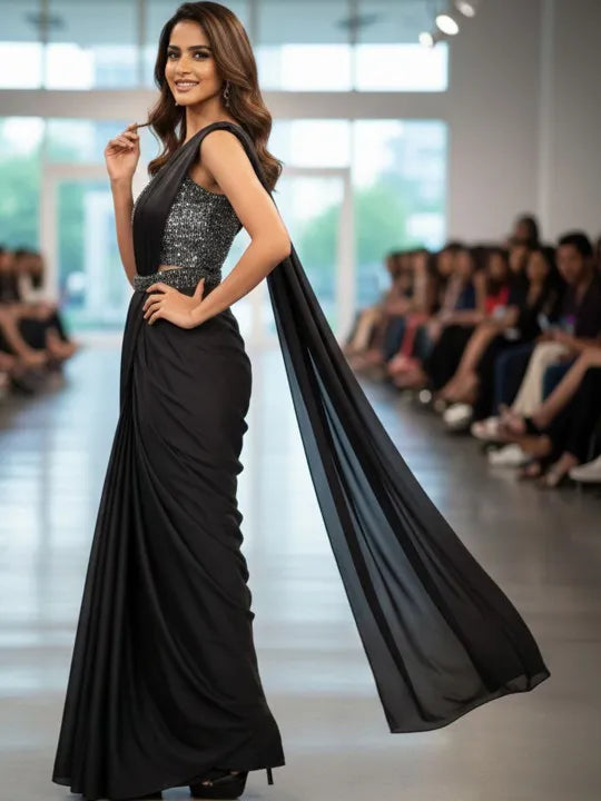 Midnight Black Glamour Designer Saree Fusion Saree