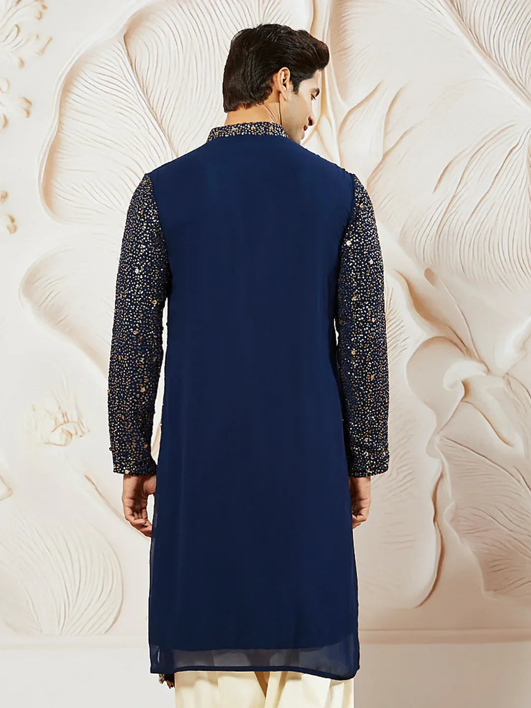 Men's Navy Blue Georgette Zari With Sequins Worked Kurta with Dupatta & Patiala Set