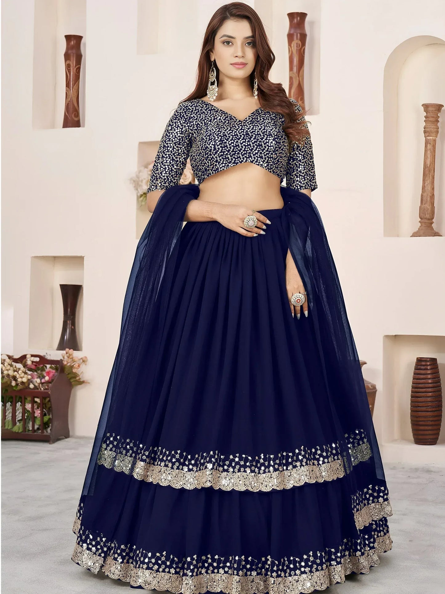 Embellished Sequinned Semi-Stitched Lehenga Choli With Dupatta