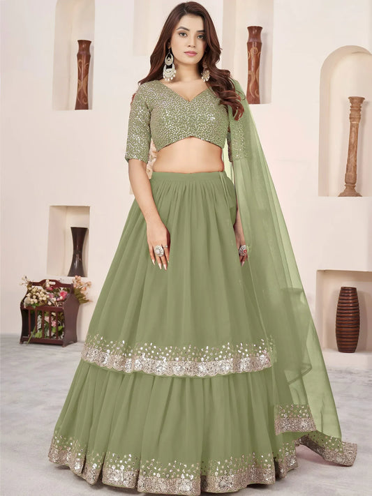 Embroidered Sequinned Semi-Stitched Lehenga & Unstitched Blouse With Dupatta