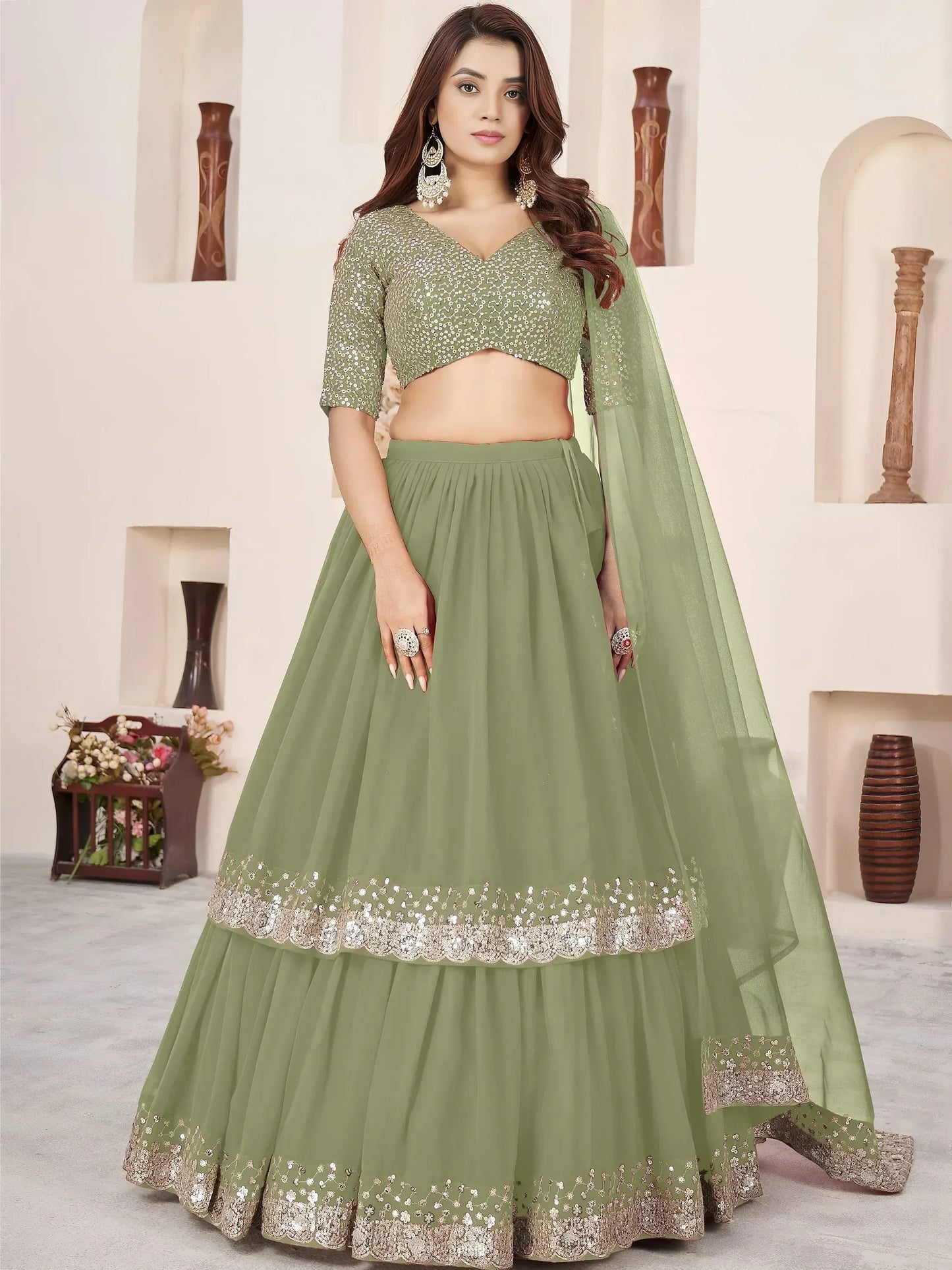 Embellished Sequinned Semi-Stitched Lehenga Choli With Dupatta