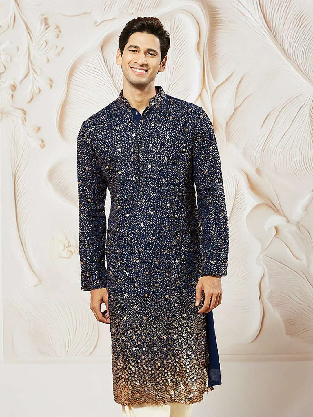Men's Navy Blue Georgette Zari With Sequins Worked Kurta with Dupatta & Patiala Set