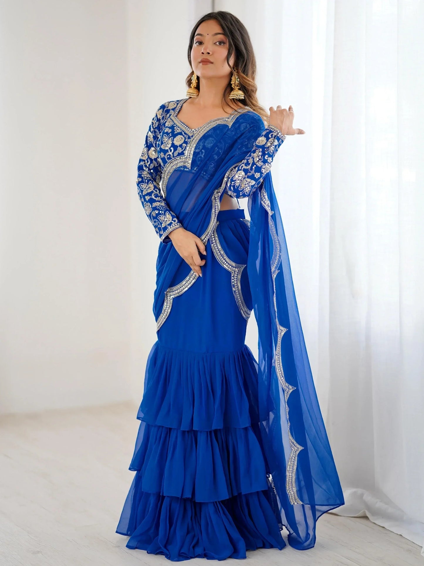 Blue Sequins Georgette Wedding Wear Lehenga Saree