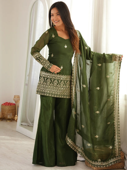 Green Zari Work Silk Mehendi Wear Palazzo Suit