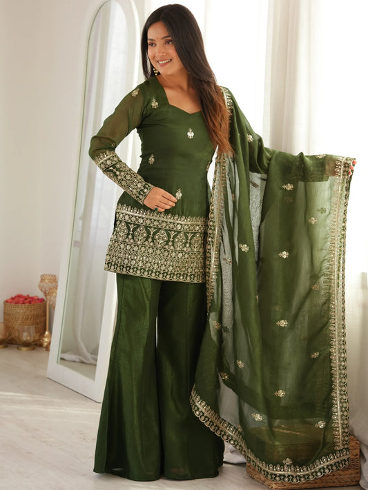 Green Zari Work Silk Mehendi Wear Palazzo Suit