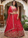 Adorable Red Embroidered Chinon Engagement Wear Plus Size Lehenga Choli