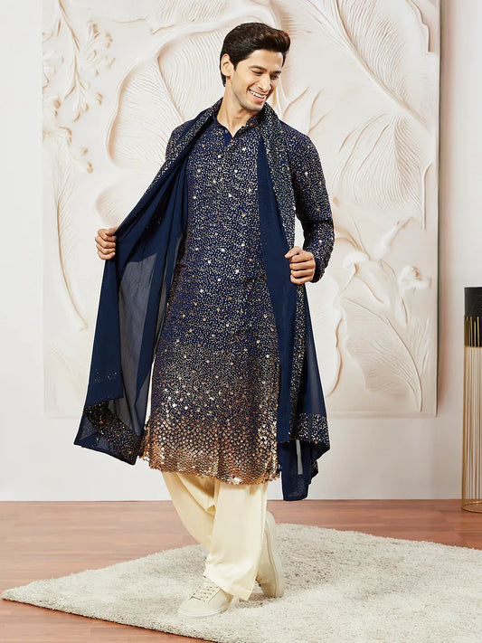 Men's Navy Blue Georgette Zari With Sequins Worked Kurta with Dupatta & Patiala Set