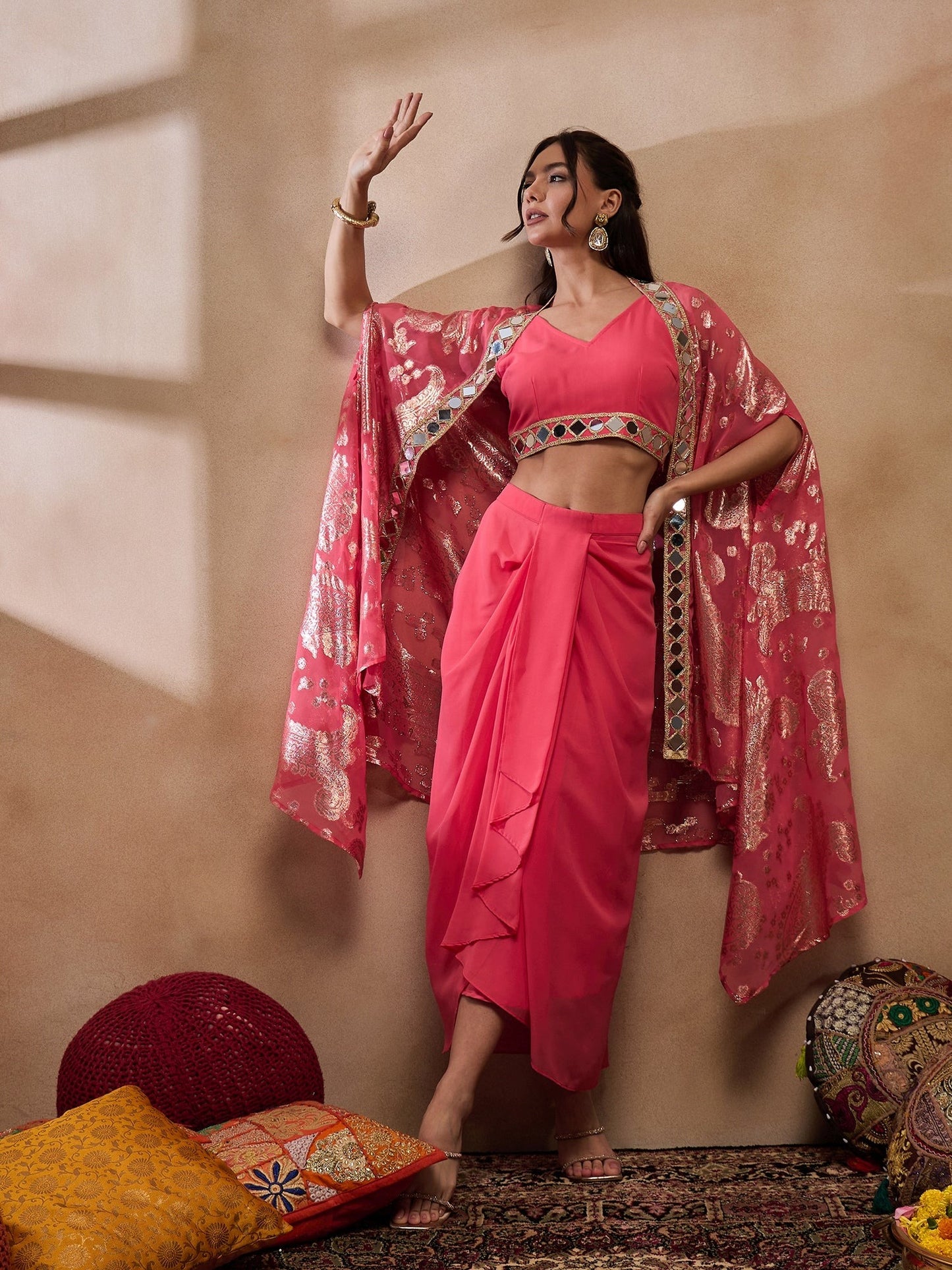 Coral V-Neck Crop Top With Draped Skirt & Cape