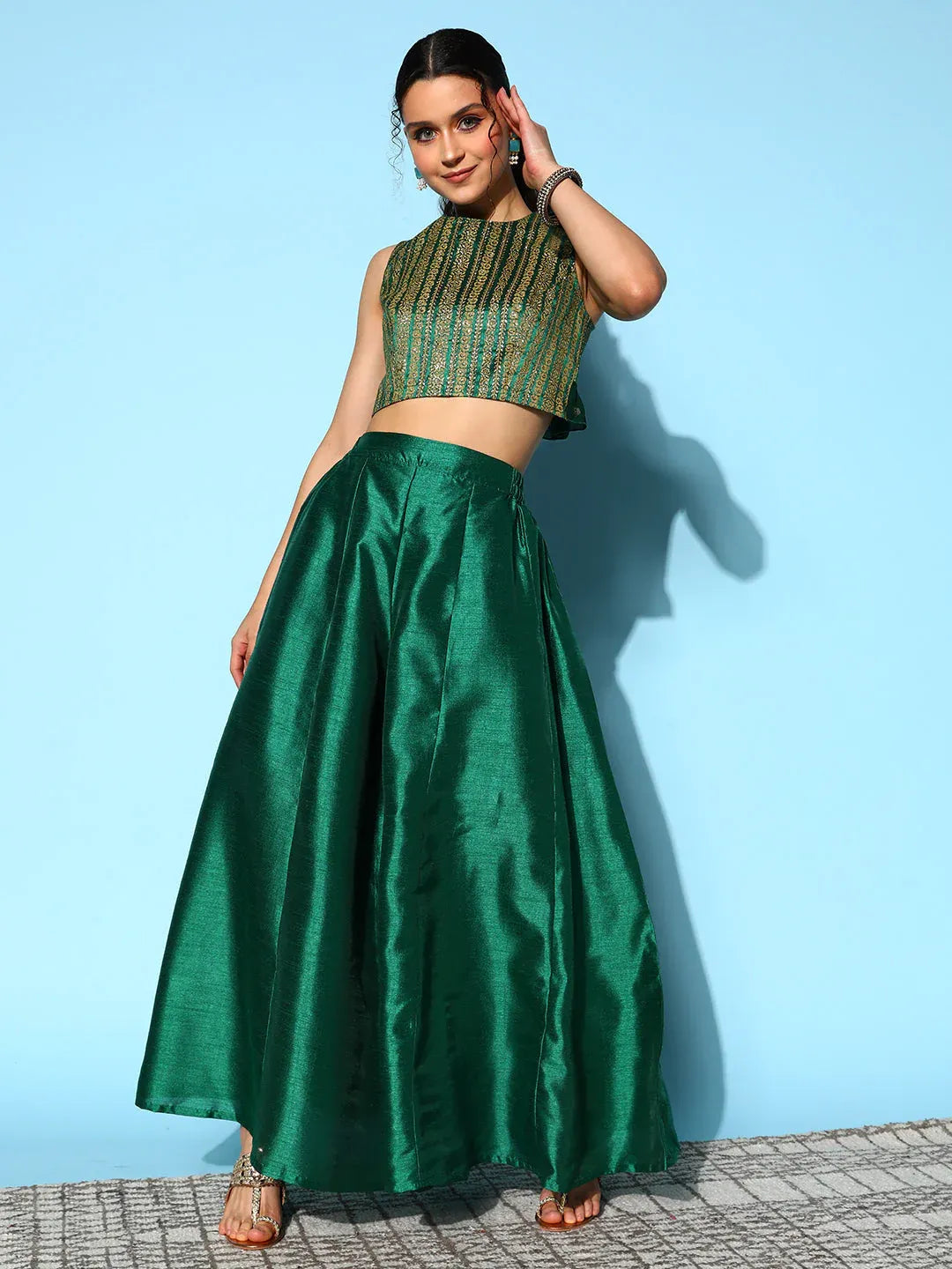 Green & Gold-Toned Printed Co-ords