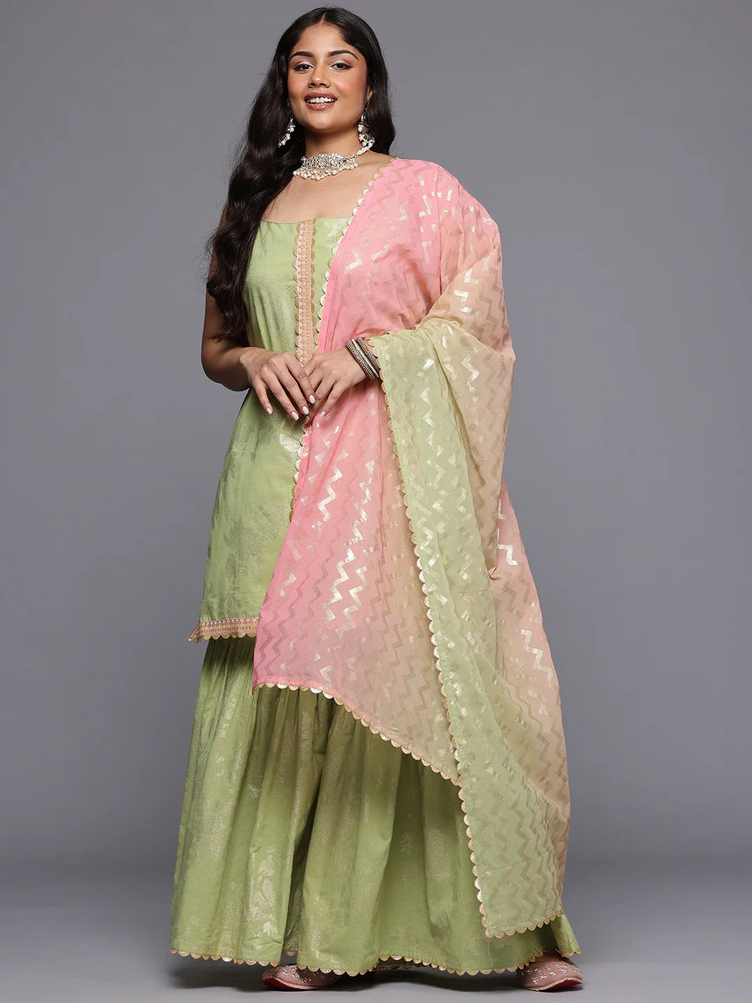 Plus Size Floral Printed Gotta Patti Pure Cotton Kurta & Sharara Set