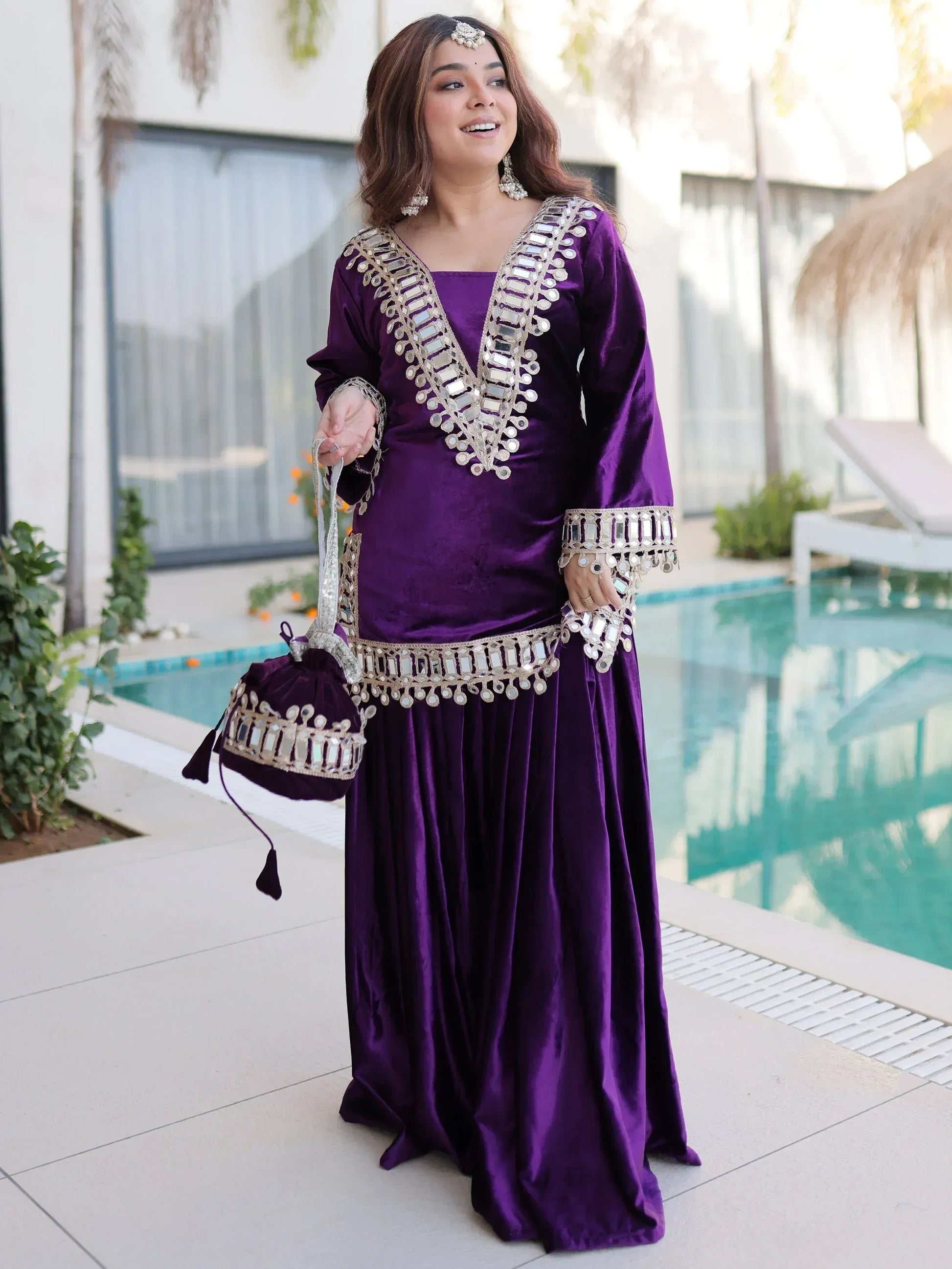 Teal blue and purple velvet mirror work sharara set for women, festive party wear, view 8