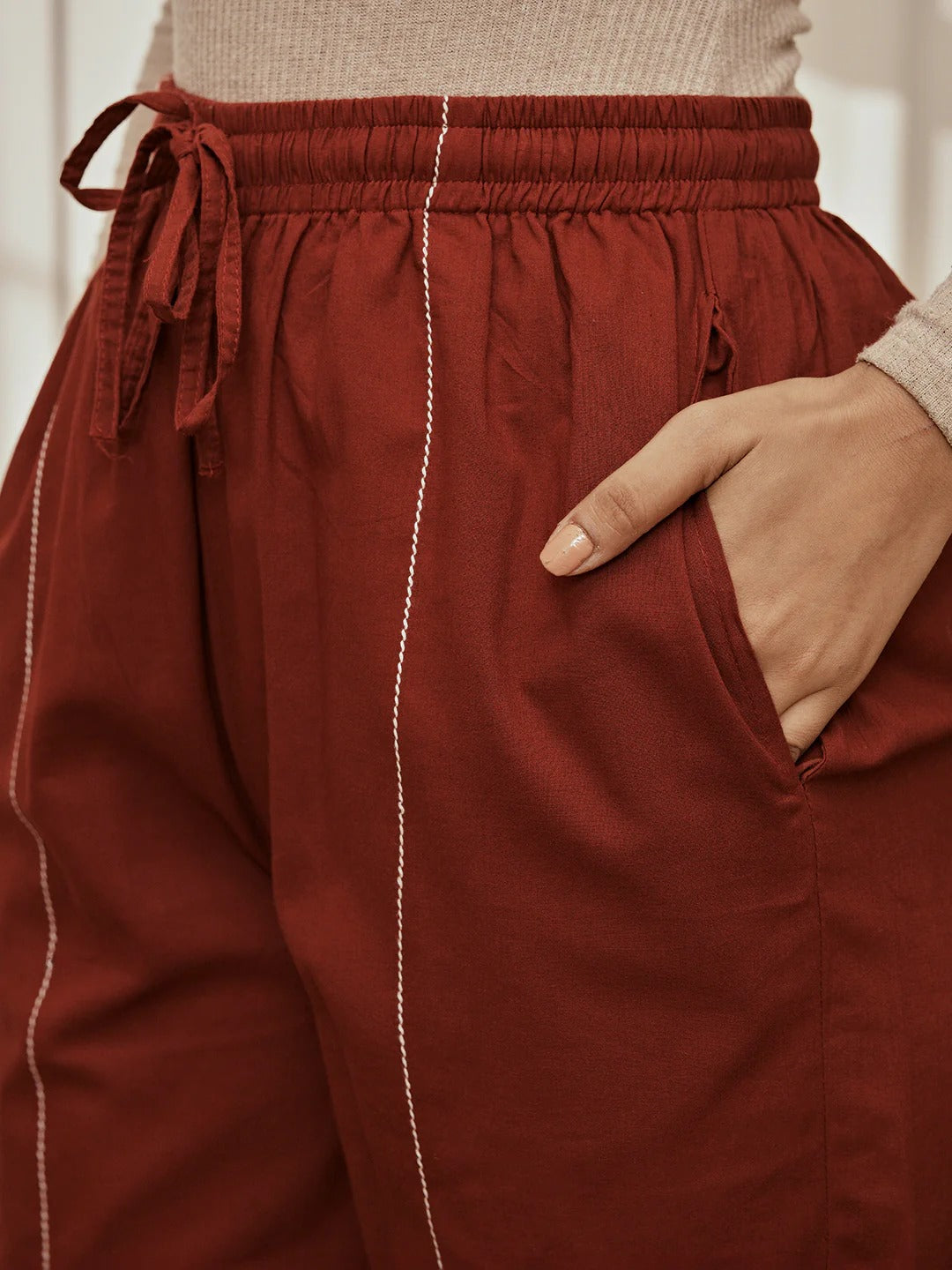 Womens Maroon V-Neck Cambric Crop Top with Joggers Yoga Pants