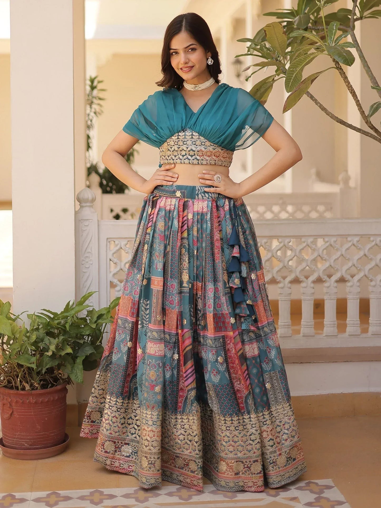 Digital Printed Silk Designer Crop Top Lehenga