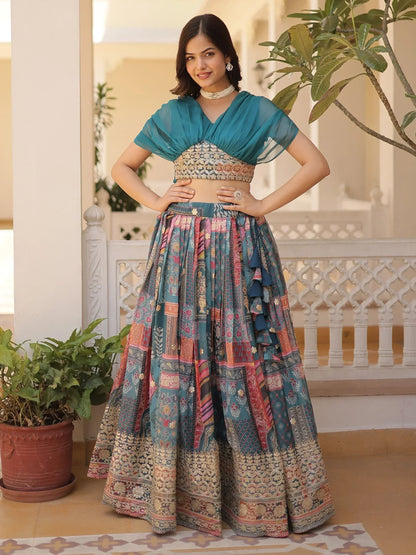 Digital Printed Silk Designer Crop Top Lehenga