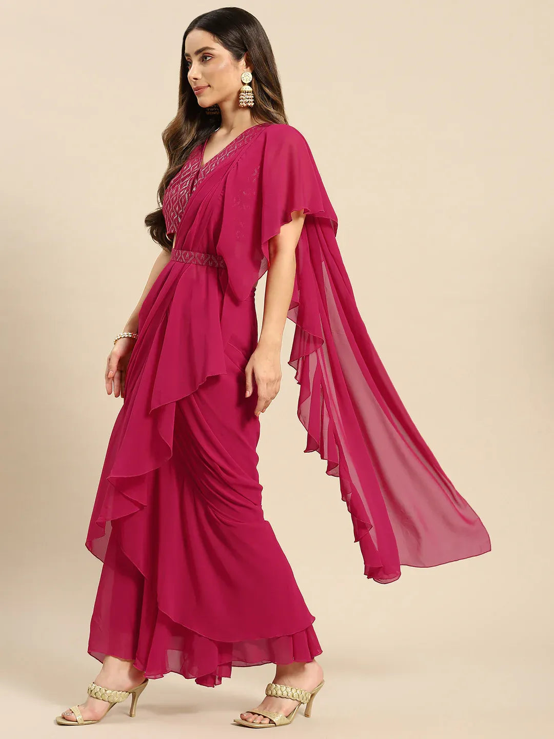 Blouse with prestiched frill Gown with Attached Drape