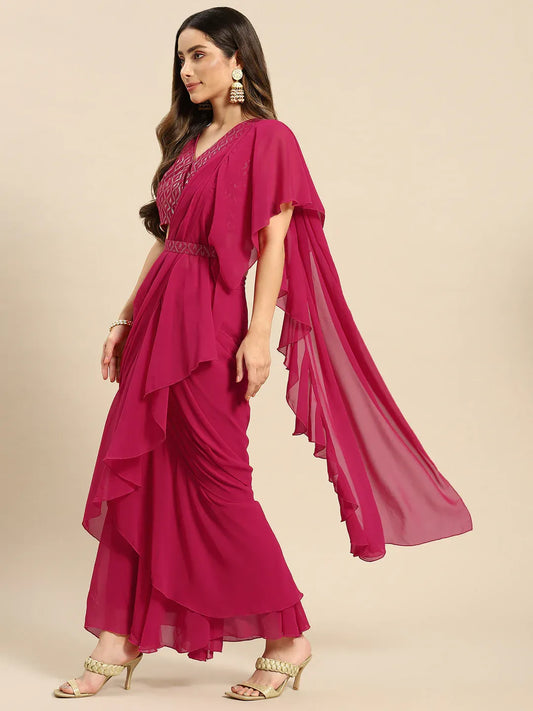 Blouse with prestiched frill Gown with Attached Drape