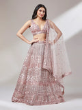 Rose gold and silver net mirror and sequins embroidery semi-stitched lehenga choli with dupatta for women