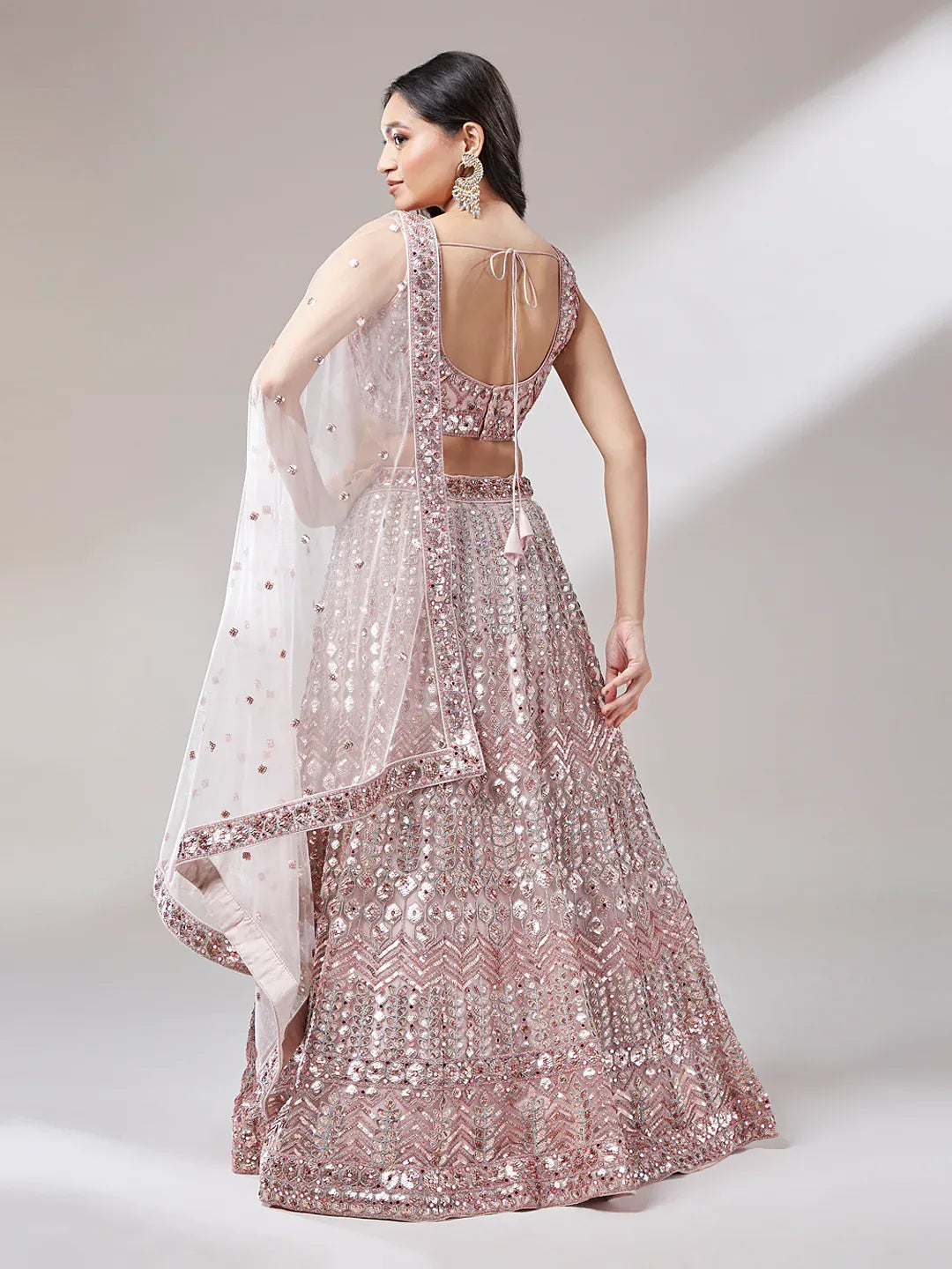 Rose gold and silver net mirror and sequins embroidery semi-stitched lehenga choli with dupatta for women, view 7