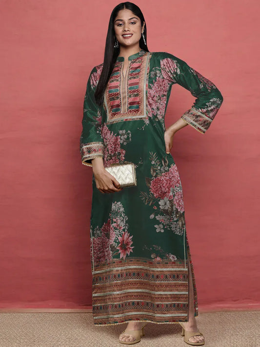 Plus Size Floral Printed Mandarin Collar Sequinned Silk Kurta
