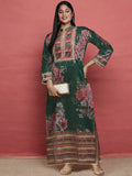 Plus Size Floral Printed Mandarin Collar Sequinned Silk Kurta