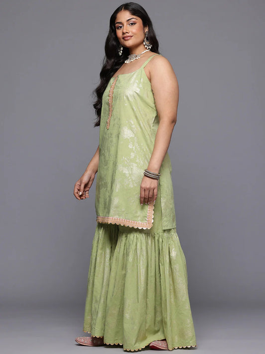 Plus Size Floral Printed Gotta Patti Pure Cotton Kurta & Sharara Set