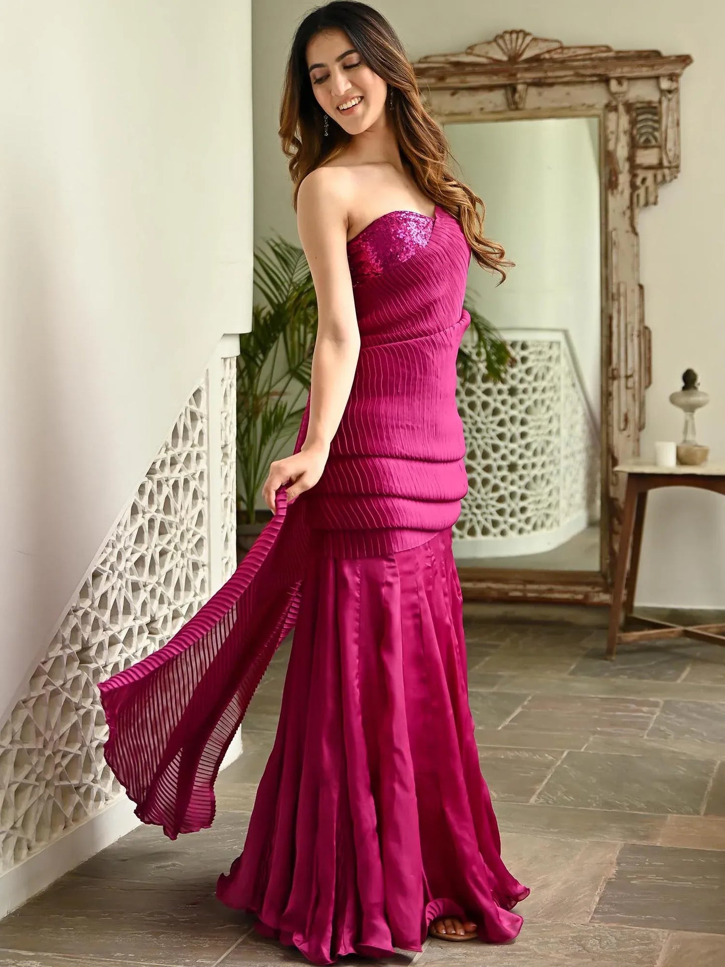 Magenta Pink Pleated Ready to Wear Saree