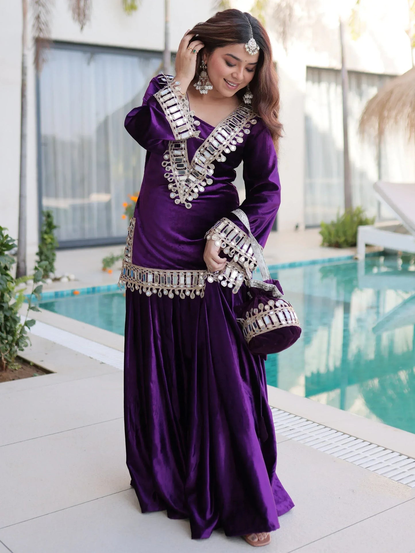 Teal blue and purple velvet mirror work sharara set for women, festive party wear, view 10