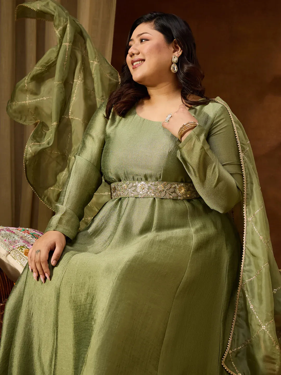 Women's Plus Size Sage Green Silk Blend Flared Gown With Embellished Belt