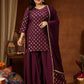 Women's Plus Size Wine Chanderi Silk Embellished Gold Printed Straight Kurta With Sharara & Dupatta Set