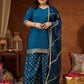 Women's Teal Blue Chanderi Silk Embellished Straight Kurta With Palazzo & Dupatta Set