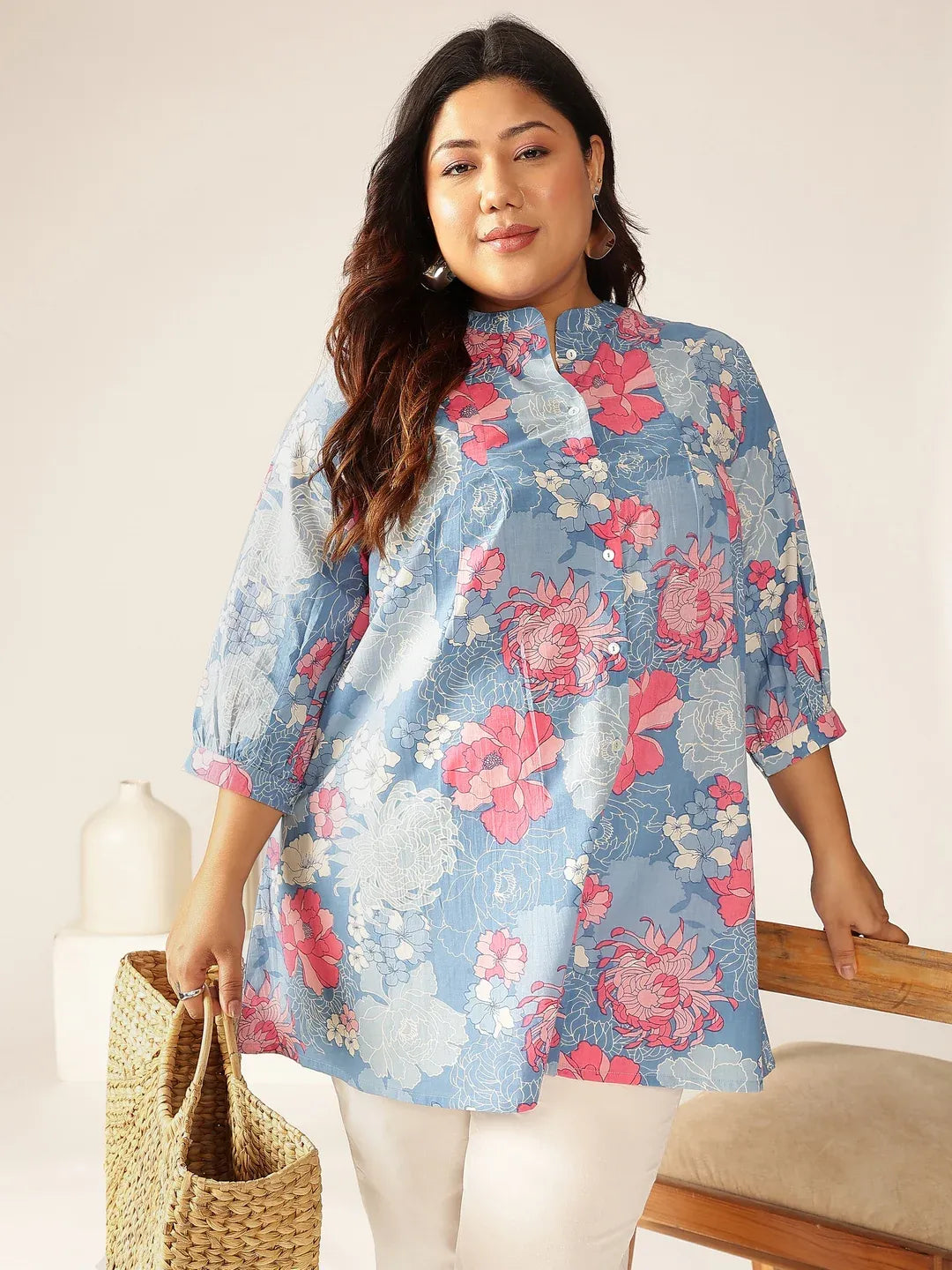 Plus Size Pure Cotton Floral Printed A-line Tunic
