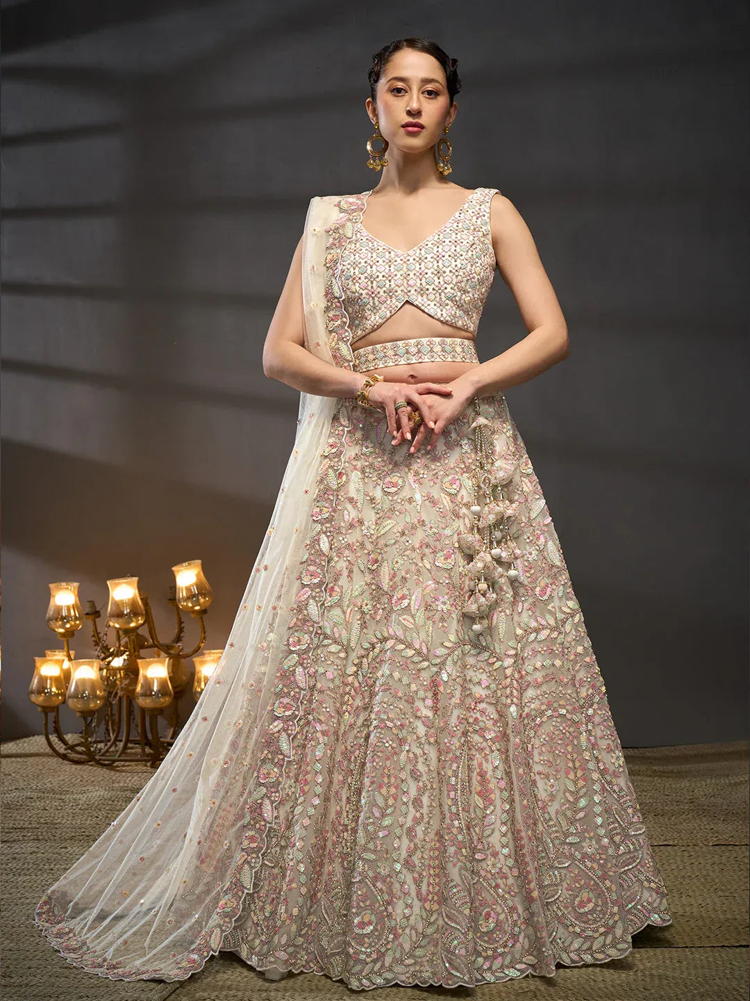 Cream - Multi Sequins Heavy Zarkan Net Embroidered Semi-Stitched Bridal Lehenga choli
