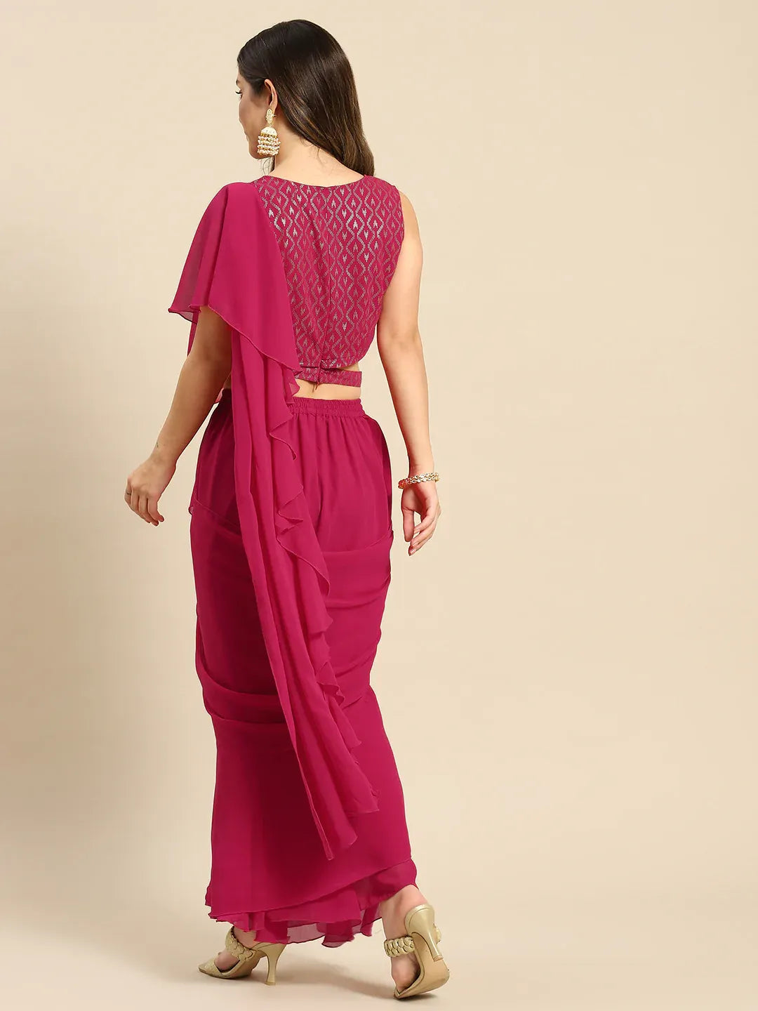 Blouse with prestiched frill Gown with Attached Drape