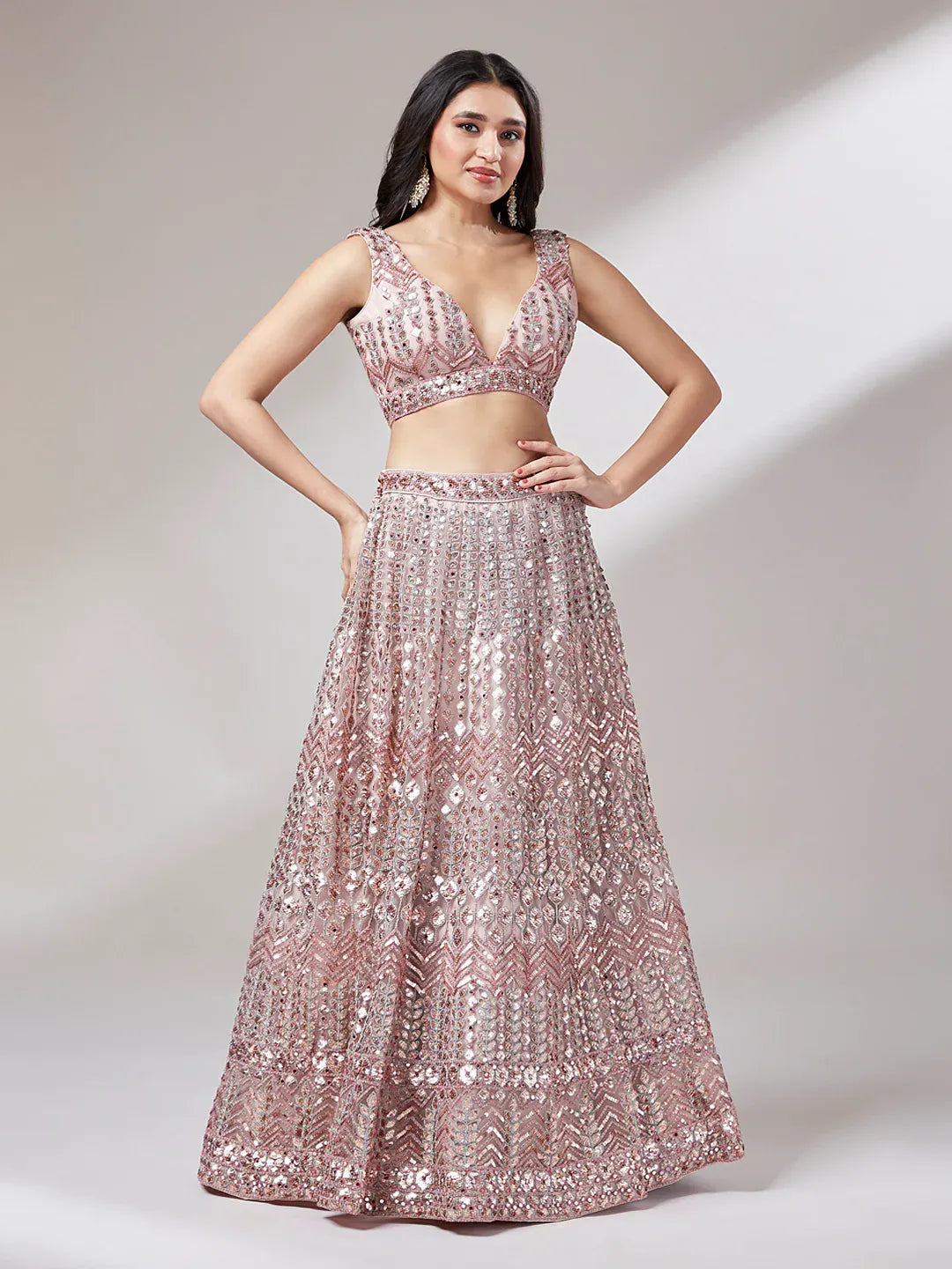 Rose gold and silver net mirror and sequins embroidery semi-stitched lehenga choli with dupatta for women, view 5