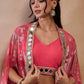 Coral V-Neck Crop Top With Draped Skirt & Cape